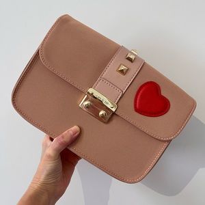 New Cute Heart Studded Crossbody Bag - Nude Pink Canvas